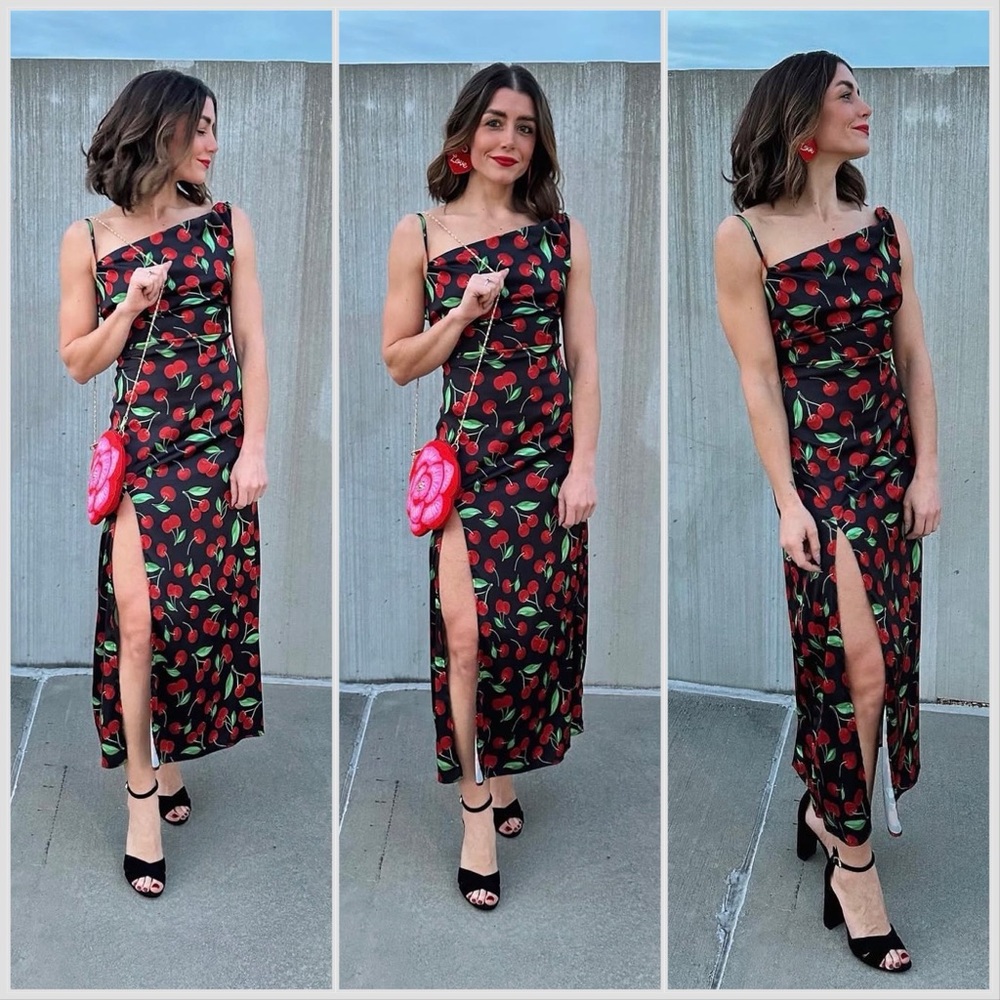 For Love & Lemons Xena Cherry Print Asymmetrical Slit Midi Dress sz S